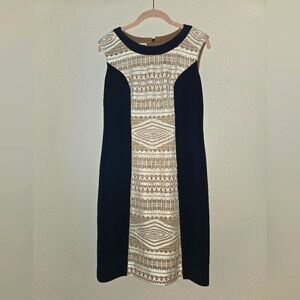 Anne Klein Navy and Cream Patterned Midi Dress With Elaborate Lace Detail Size 4